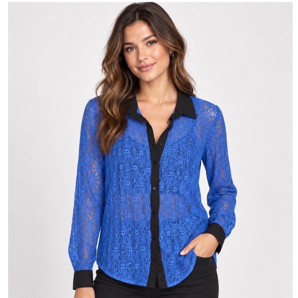 Vanessa Virginia Anthropologie Blue Floral Lace Contrast Button Down Blouse Sz 8